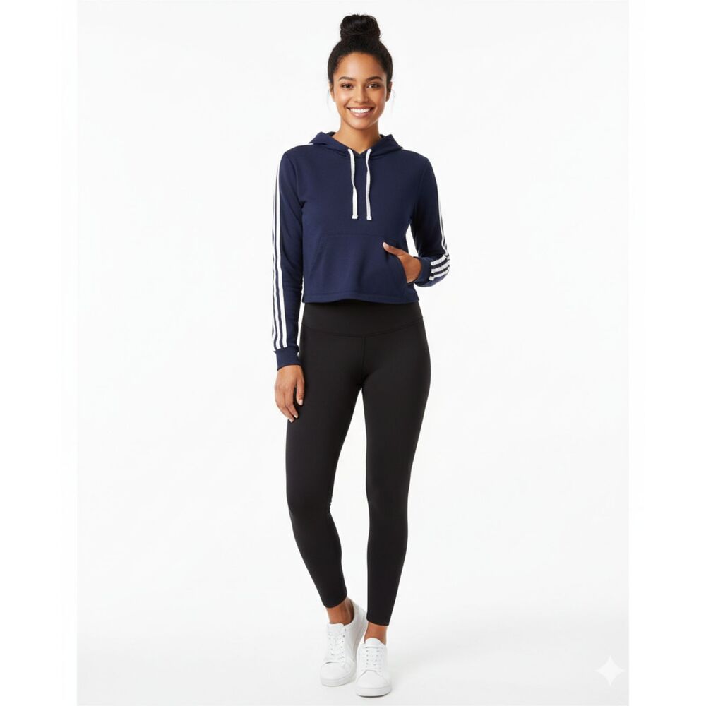 1A 1st Apparel Navy Blue Cropped Hoodie White Sleeve Stripes Size M EUC Size M